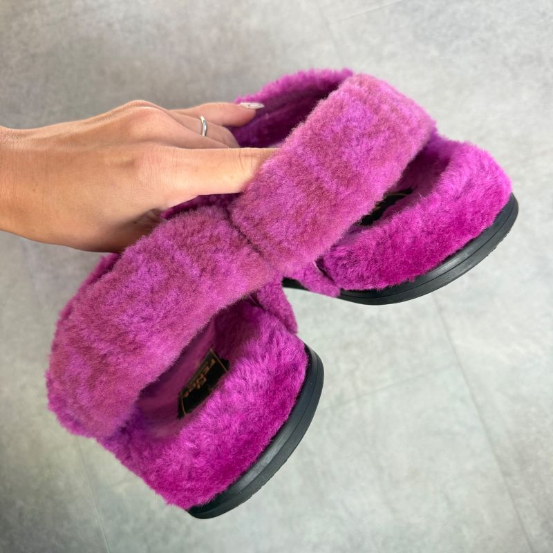 Fendi Shearling Strap Sandals 37 Zucca Pattern Purple Mouton Shoes Flat — view 7