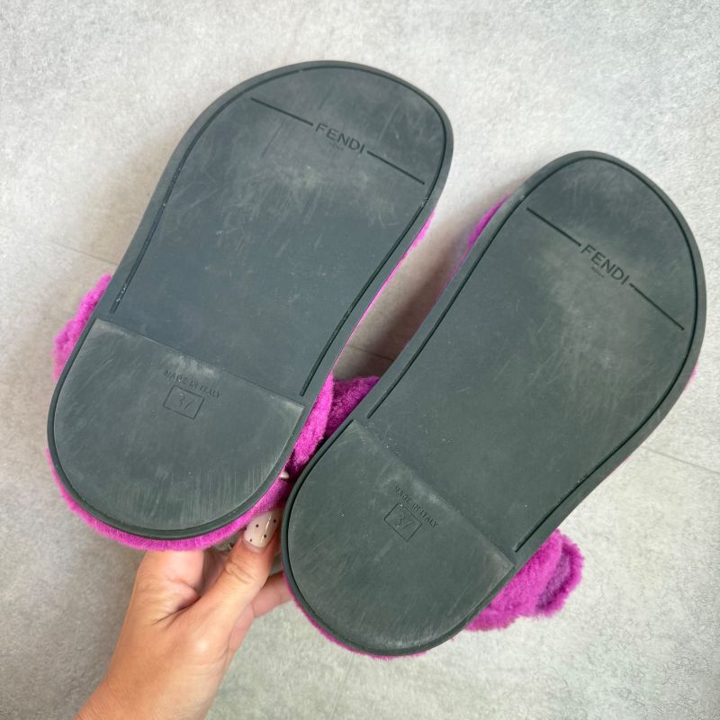 Fendi Shearling Strap Sandals 37 Zucca Pattern Purple Mouton Shoes Flat — view 9