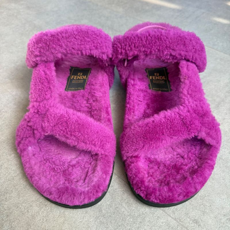 Fendi Shearling Strap Sandals 37 Zucca Pattern Purple Mouton Shoes Flat — view 6