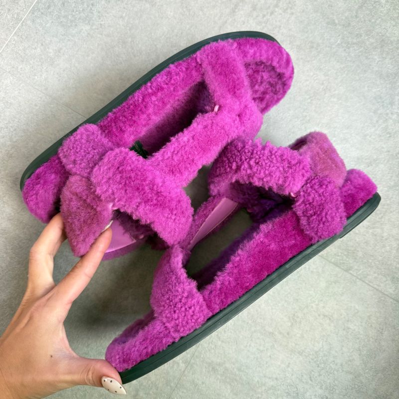 Fendi Shearling Strap Sandals 37 Zucca Pattern Purple Mouton Shoes Flat — view 5