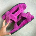 Fendi Shearling Strap Sandals 37 Zucca Pattern Purple Mouton Shoes Flat — view 5