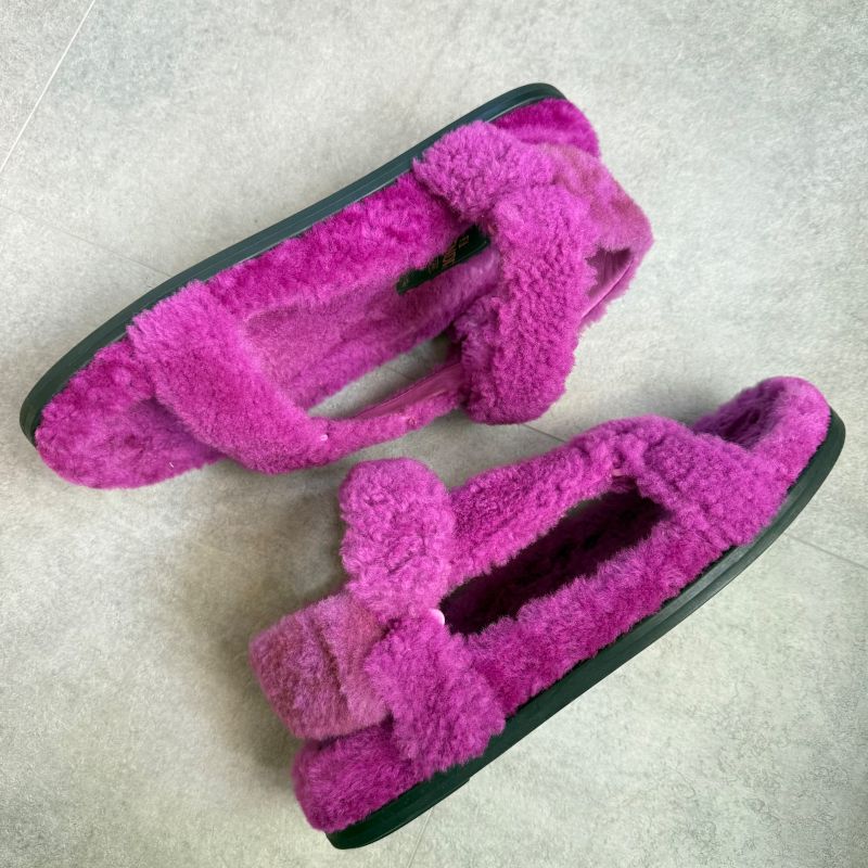 Fendi Shearling Strap Sandals 37 Zucca Pattern Purple Mouton Shoes Flat — view 4