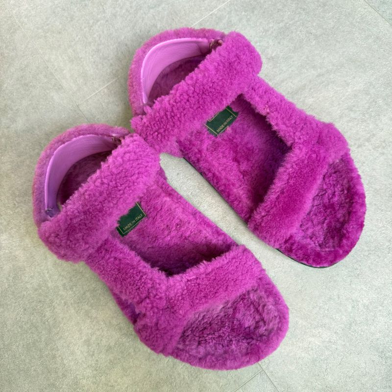 Fendi Shearling Strap Sandals 37 Zucca Pattern Purple Mouton Shoes Flat — view 2