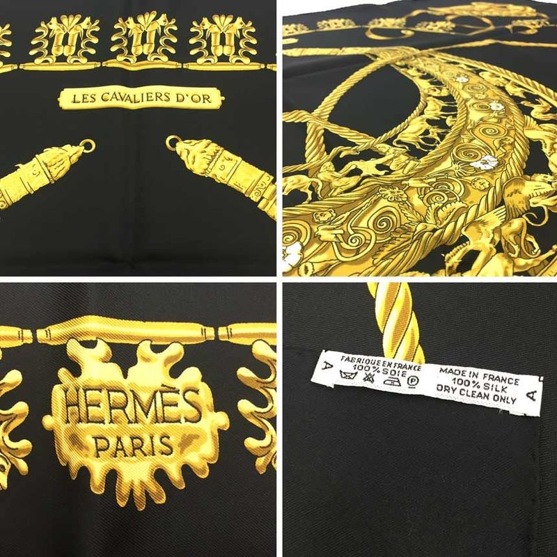 Hermes Scarf Carre 90 LES Cavaliers D'OR Golden Knight Black New — view 3