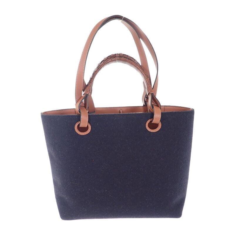 Loewe Logo Tote Small 2-Way Bag Wool Leather Navy Brown — view 2