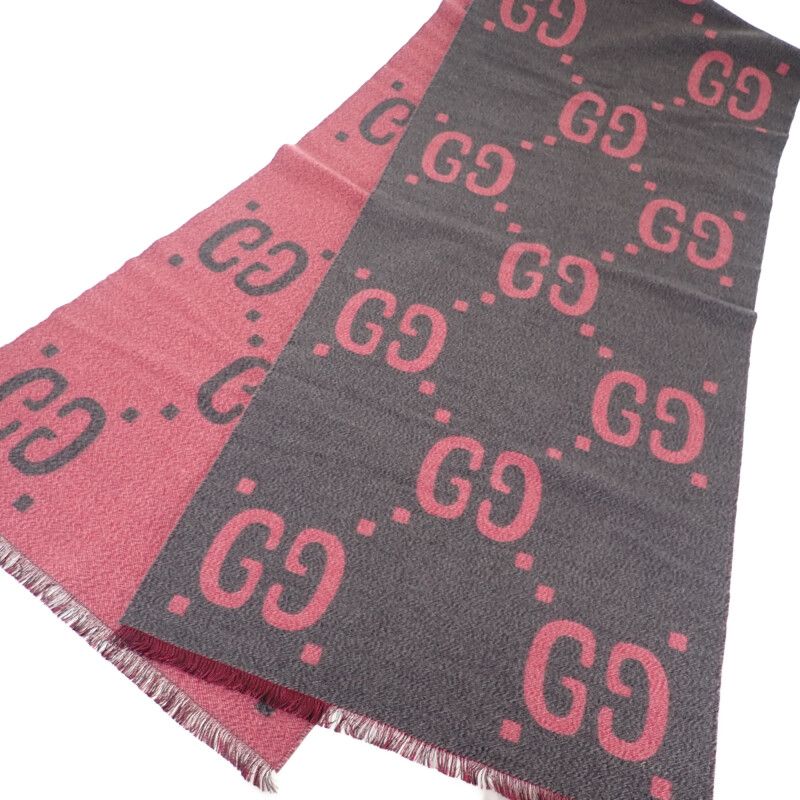 Gucci GG Jacquard Scarf 3 G636 1272 Wool Silk Gray Pink — view 3