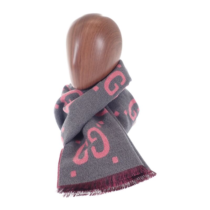 Gucci GG Jacquard Scarf 3 G636 1272 Wool Silk Gray Pink — view 2