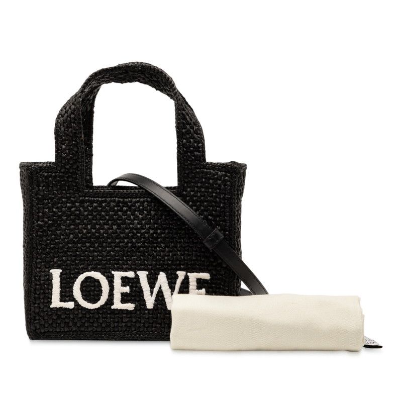 Loewe Font Tote Mini Shoulder Bag 2-Way Black Raffia Leather — view 7