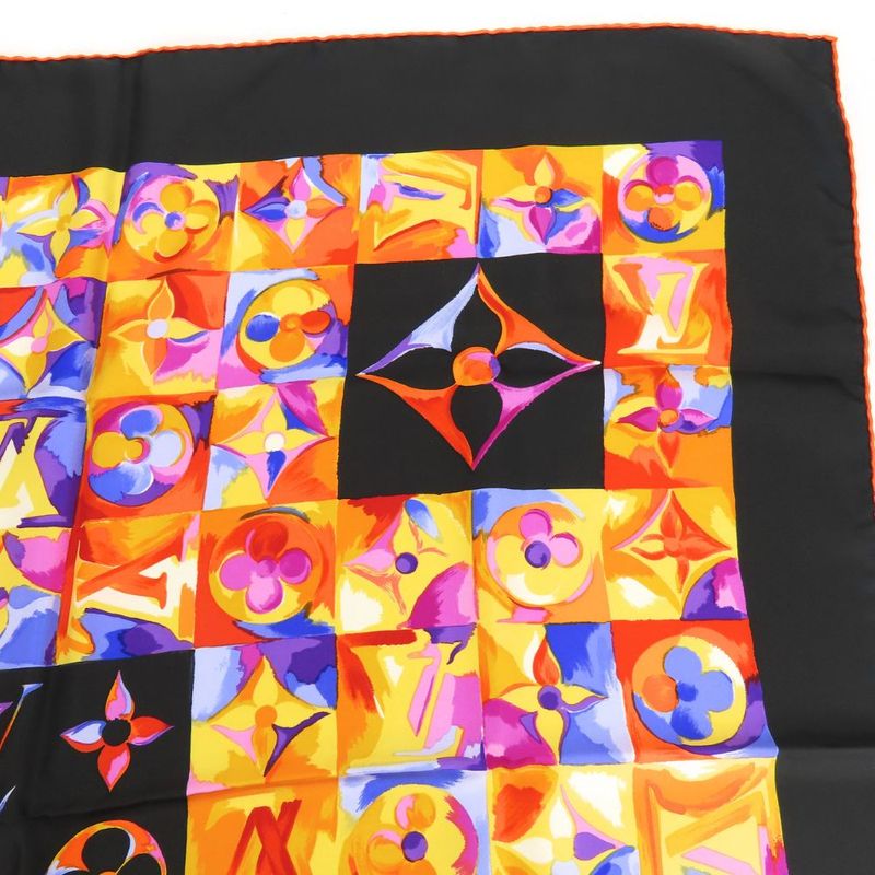 Louis Vuitton Scarf Silk Black Orange Multicolor Monogram Large Size Small Lady — view 4