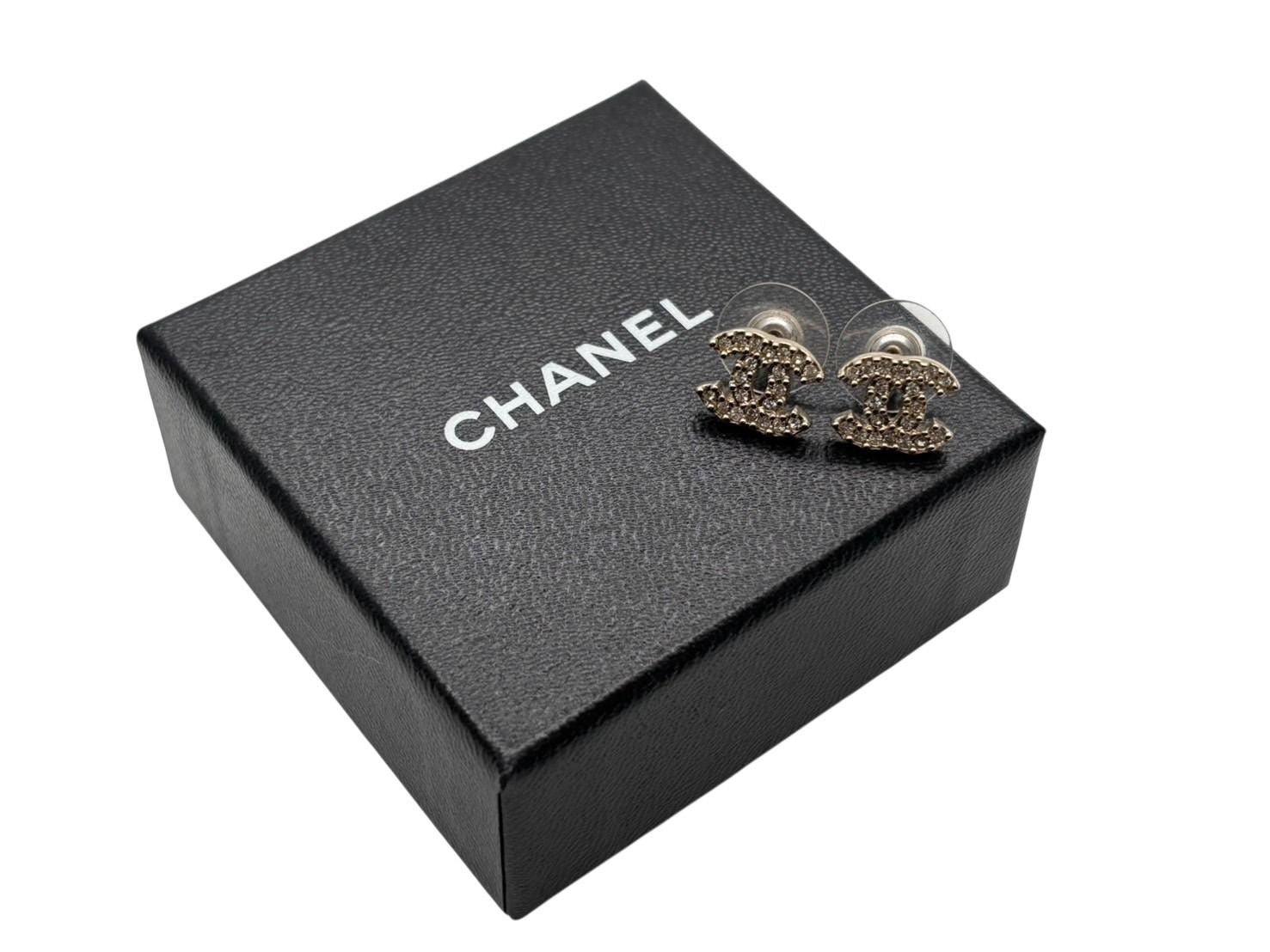 Chanel CC Logo Earrings Rhinestone Metal Gold Plated Clear