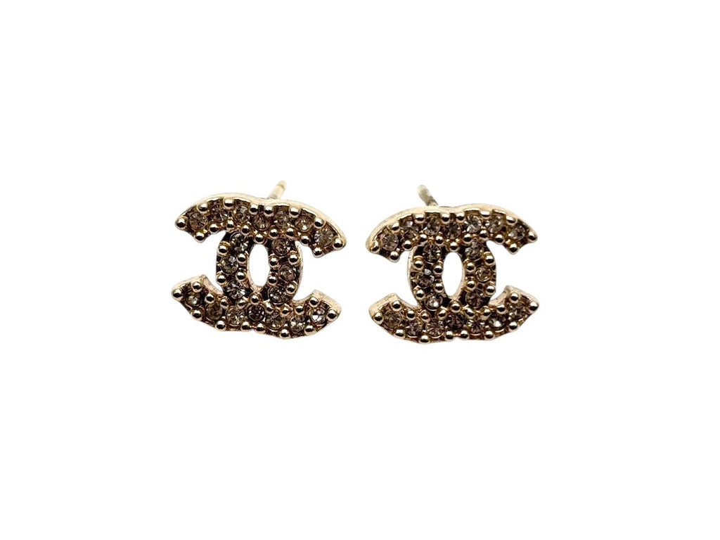 Chanel CC Logo Earrings Rhinestone Metal Gold Plated Clear — view 2