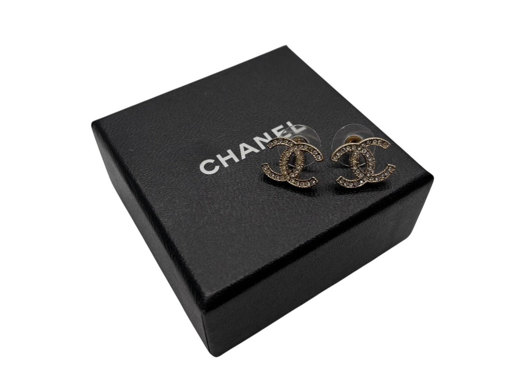 Chanel CC Logo Earrings Metal Rhinestone Gold Clear