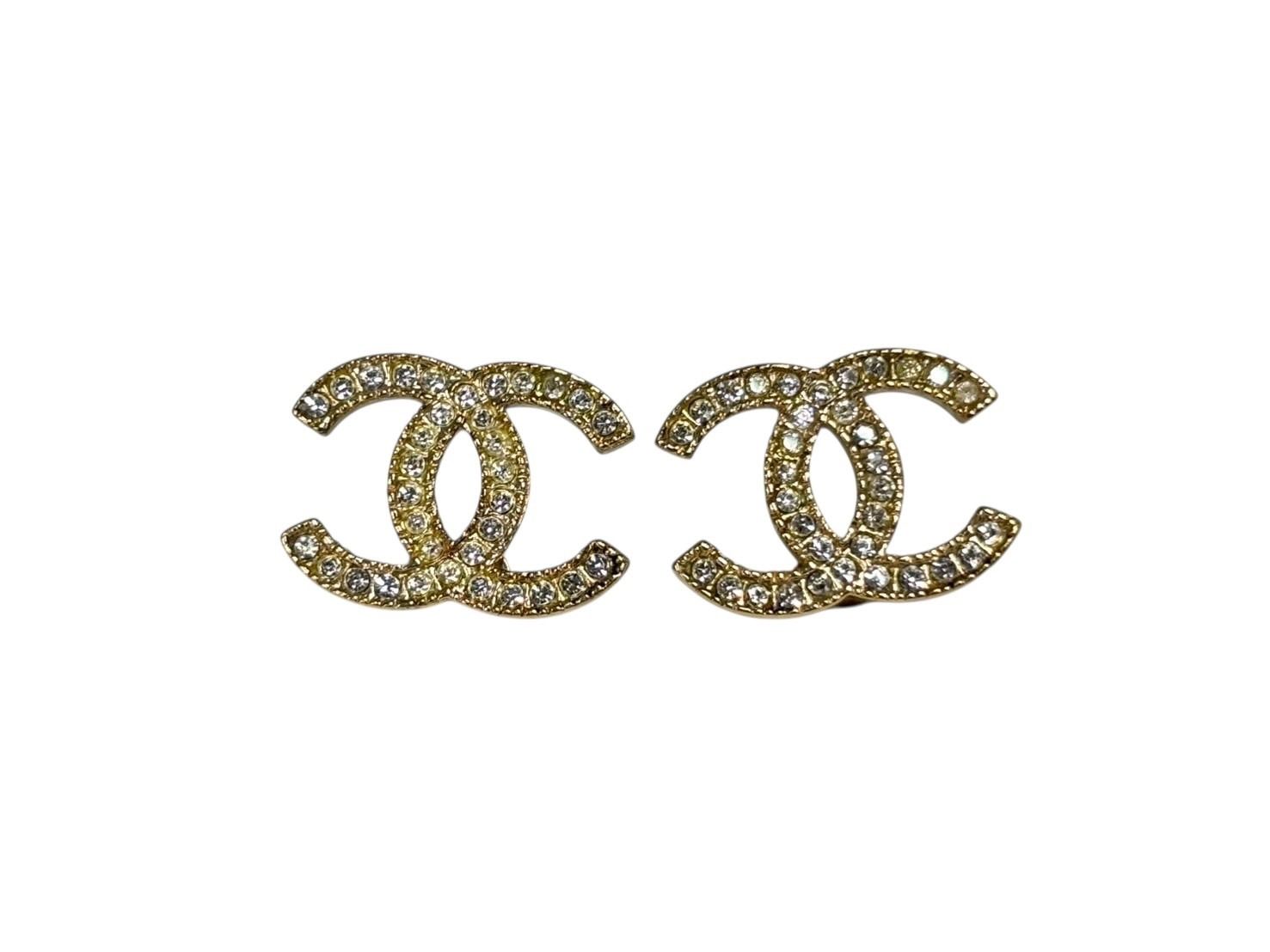 Chanel CC Logo Earrings Metal Rhinestone Gold Clear — view 2