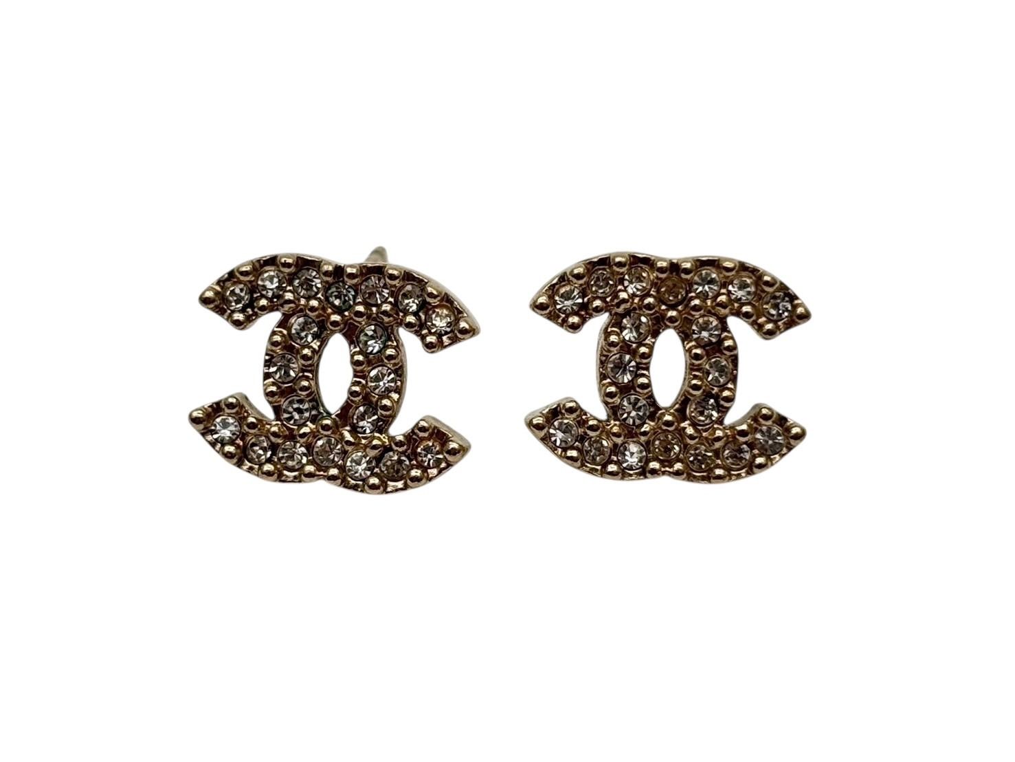 Chanel CC Logo Rhinestone Earrings 02 Gold — view 2