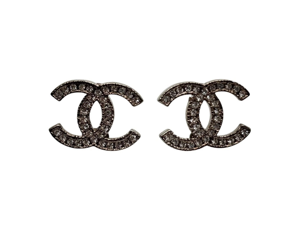 Chanel CC Logo Silver Rhinestone Earrings