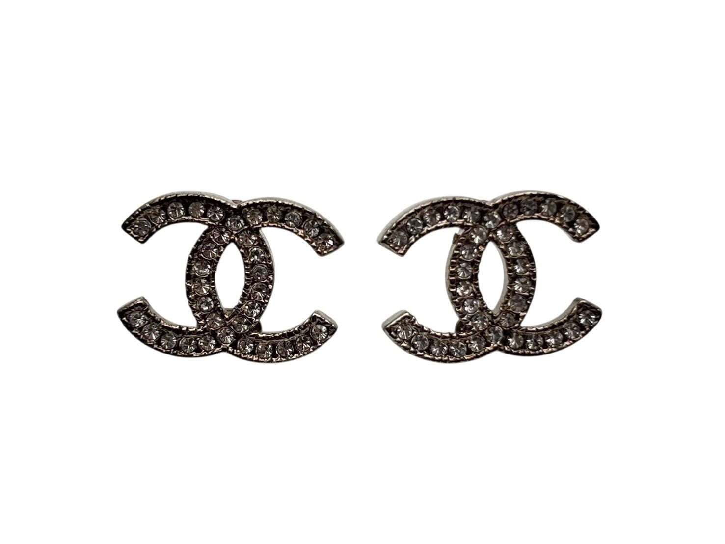 Chanel CC Logo Silver Rhinestone Earrings