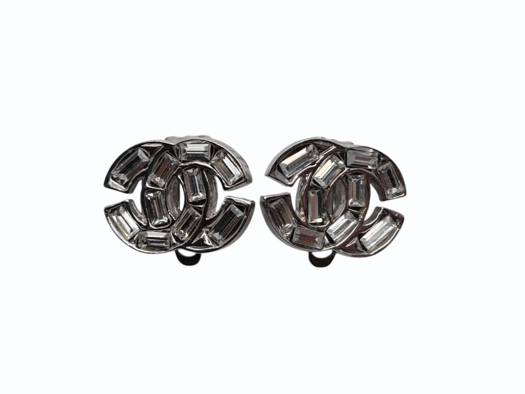 Chanel CC Logo Rhinestone Silver Earrings 01