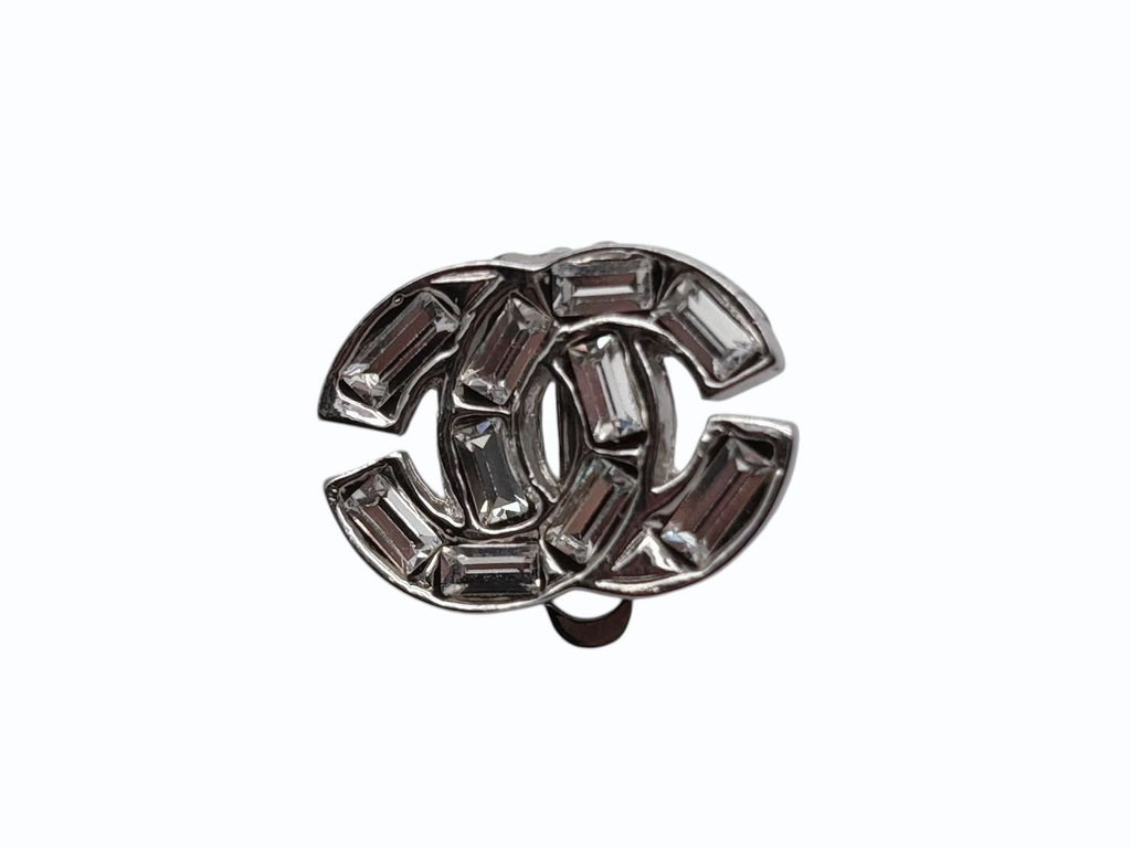 Chanel CC Logo Rhinestone Silver Earrings 01 — view 2