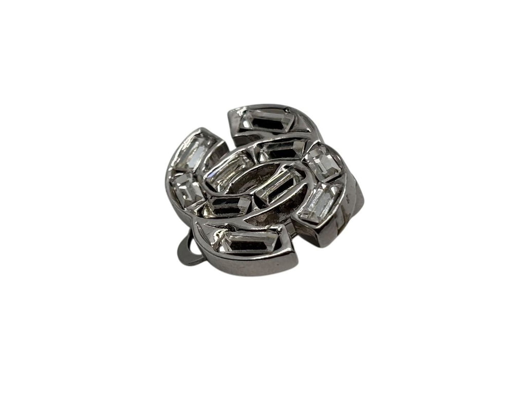 Chanel CC Logo Rhinestone Silver Earrings 01 — view 5