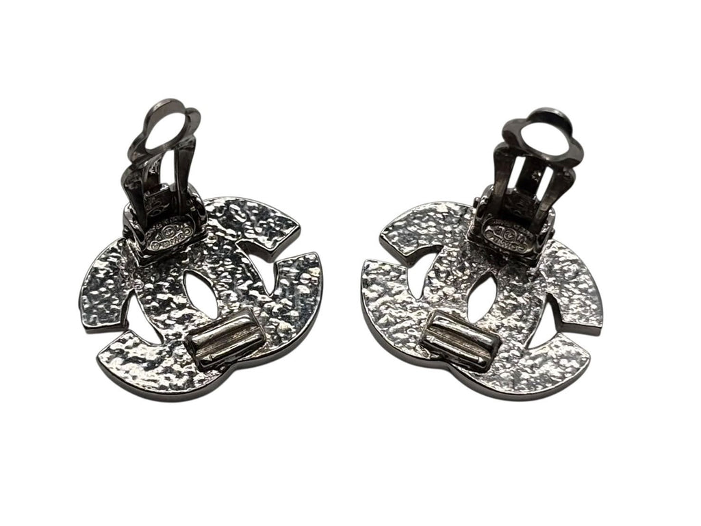 Chanel CC Logo Rhinestone Silver Earrings 01 — view 7
