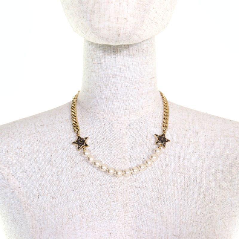 Chanel C24 C Coco Mark Star Lame Pearl Choker Necklace Accessory Gold White — view 3
