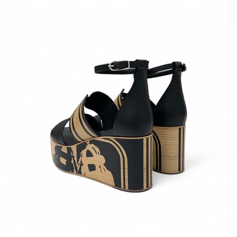 Hermes Charis Sandals Shoes Leather Black Brown Brides De Gala Quadri — view 4