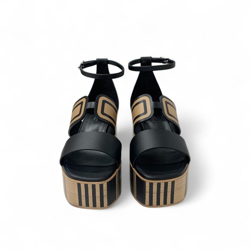 Hermes Charis Sandals Shoes Leather Black Brown Brides De Gala Quadri — view 2