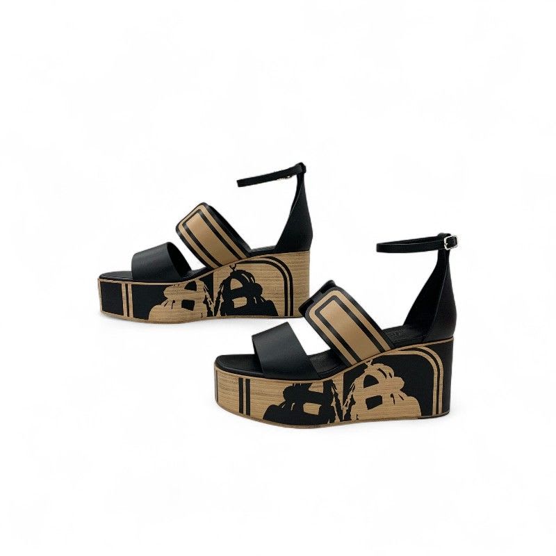 Hermes Charis Sandals Shoes Leather Black Brown Brides De Gala Quadri — view 3