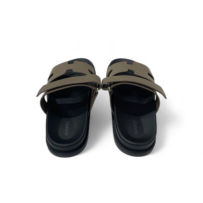 Hermes Chypre Sandals Shoes Leather Grey Velcro Strap Flat — view 5