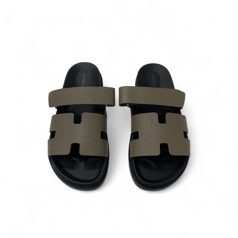 Hermes Chypre Sandals Shoes Leather Grey Velcro Strap Flat — view 2