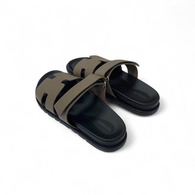Hermes Chypre Sandals Shoes Leather Grey Velcro Strap Flat — view 4