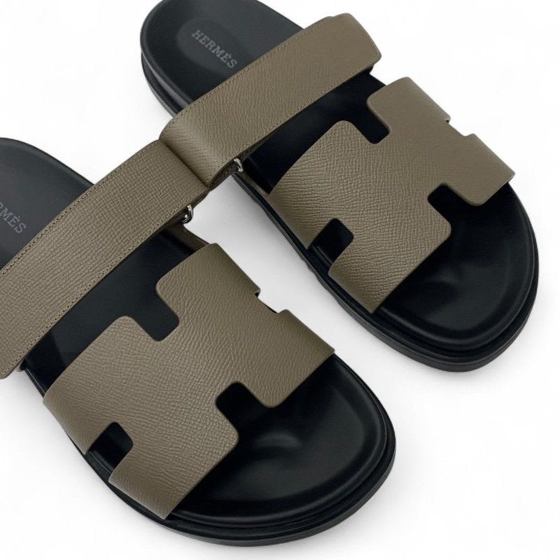 Hermes Chypre Sandals Shoes Leather Grey Velcro Strap Flat — view 9