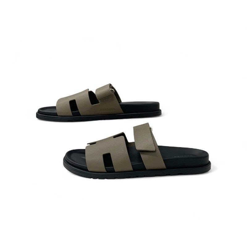 Hermes Chypre Sandals Shoes Leather Grey Velcro Strap Flat — view 3