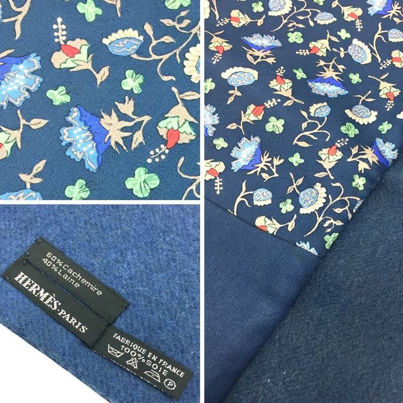 Hermes Shawl Scarf Reversible Flower Floral Navy — view 3