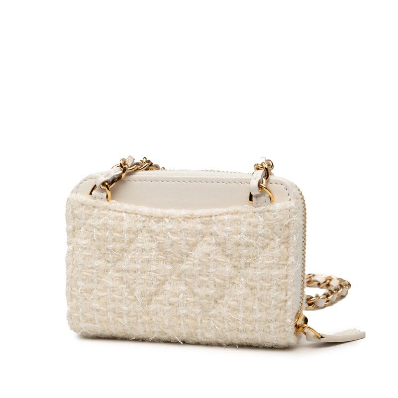 Chanel Coco Mark Ribbon Mini Chain Wallet Coin Case White Tweed Leather — view 2