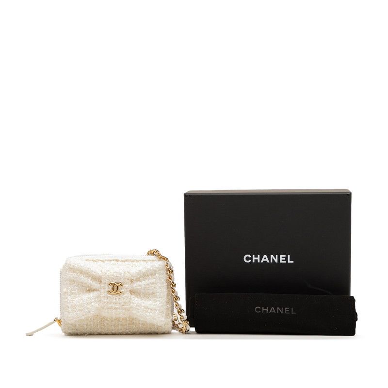 Chanel Coco Mark Ribbon Mini Chain Wallet Coin Case White Tweed Leather — view 7