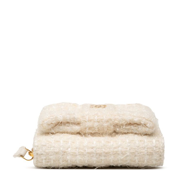 Chanel Coco Mark Ribbon Mini Chain Wallet Coin Case White Tweed Leather — view 3