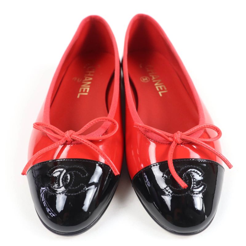 Chanel Patent Leather Coco Mark Bicolor Flat Shoes Ballet Red — view 4