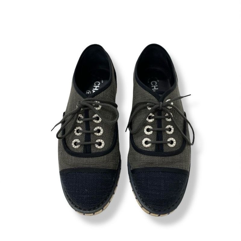 Chanel Flat Shoes Fabric Gray Black Coco Mark Espadrilles Pearl Lace Up — view 2