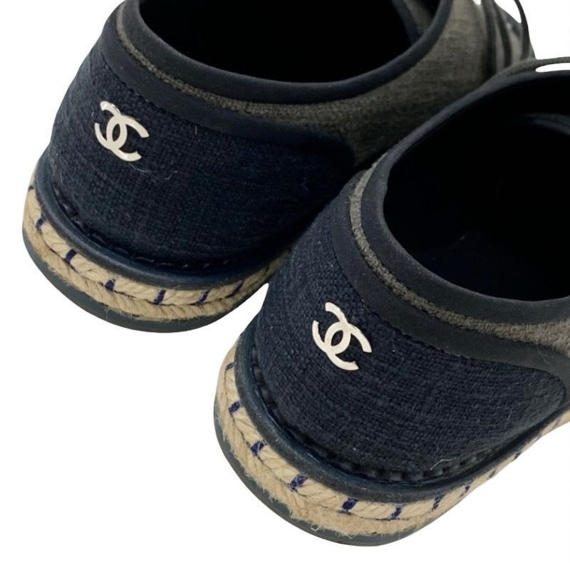 Chanel Flat Shoes Fabric Gray Black Coco Mark Espadrilles Pearl Lace Up — view 9