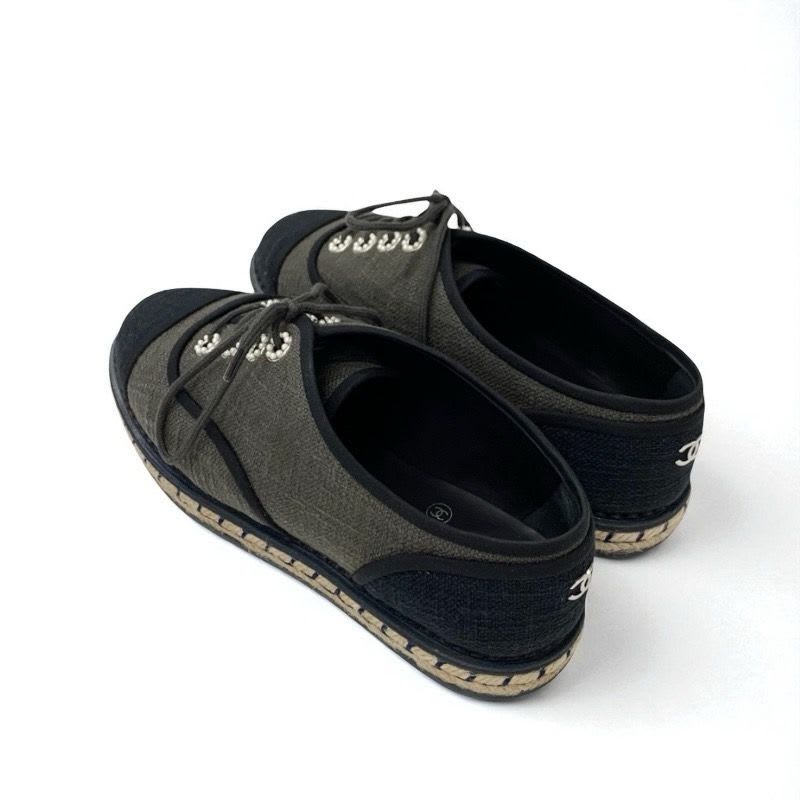 Chanel Flat Shoes Fabric Gray Black Coco Mark Espadrilles Pearl Lace Up — view 4