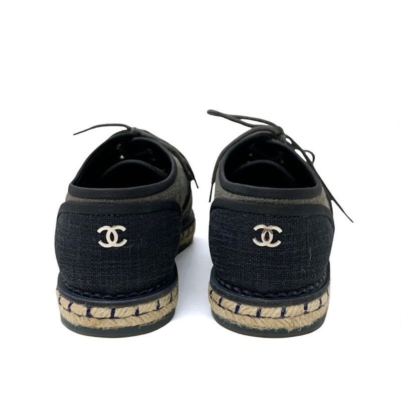Chanel Flat Shoes Fabric Gray Black Coco Mark Espadrilles Pearl Lace Up — view 5