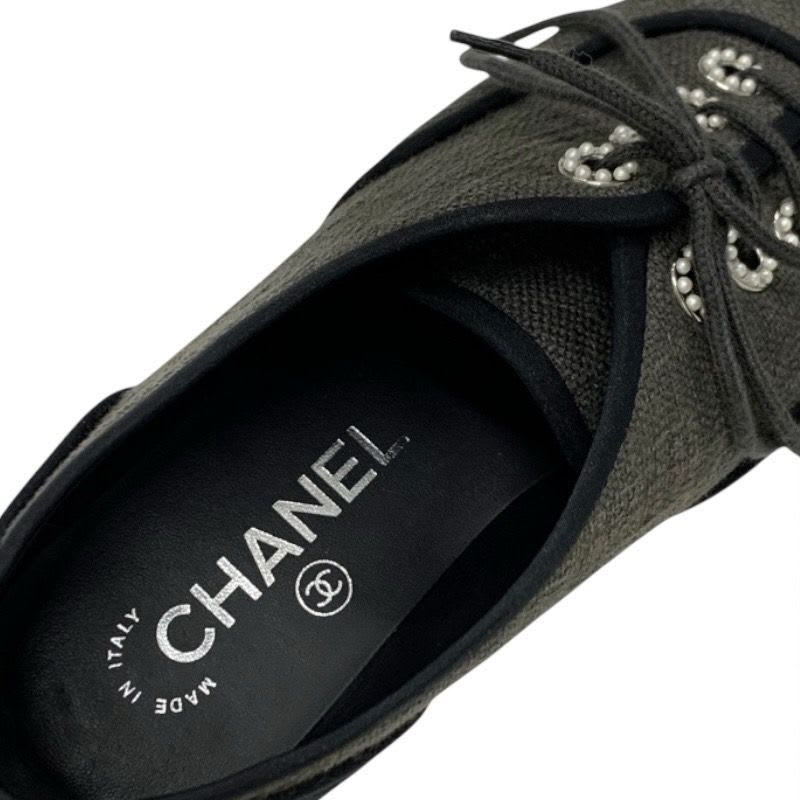 Chanel Flat Shoes Fabric Gray Black Coco Mark Espadrilles Pearl Lace Up — view 7