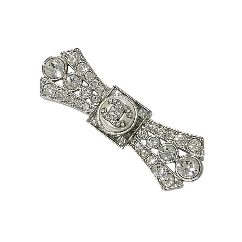 Chanel Brooch Corsage Silver Coco Mark Rhinestone Ribbon — view 3