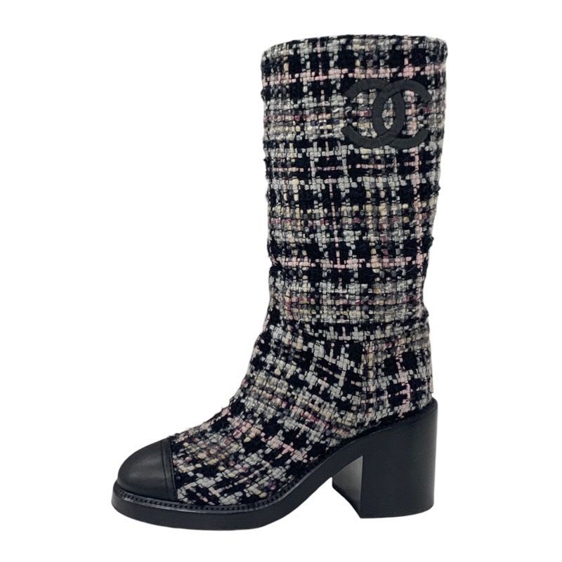 Chanel Boots Long Shoes Tweed Leather Black Multicolor Coco Mark — view 3