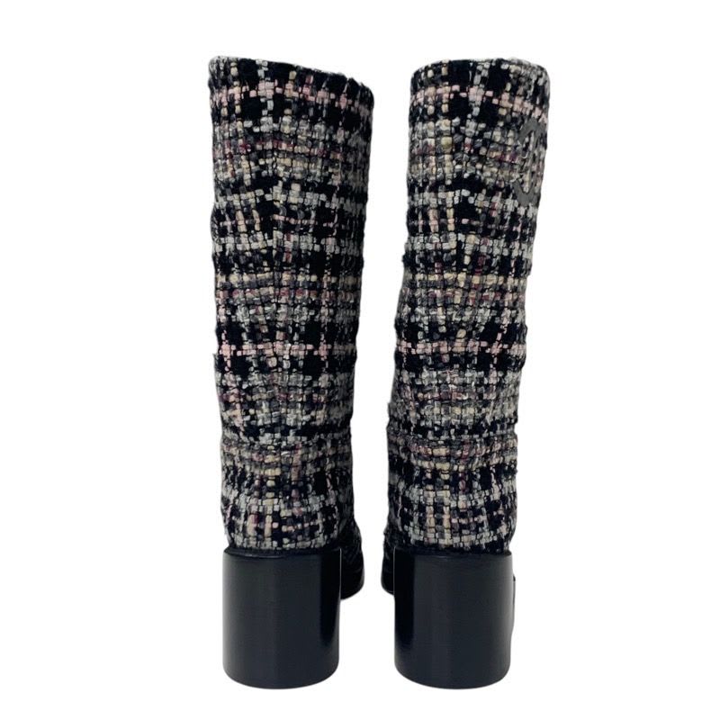 Chanel Boots Long Shoes Tweed Leather Black Multicolor Coco Mark — view 5