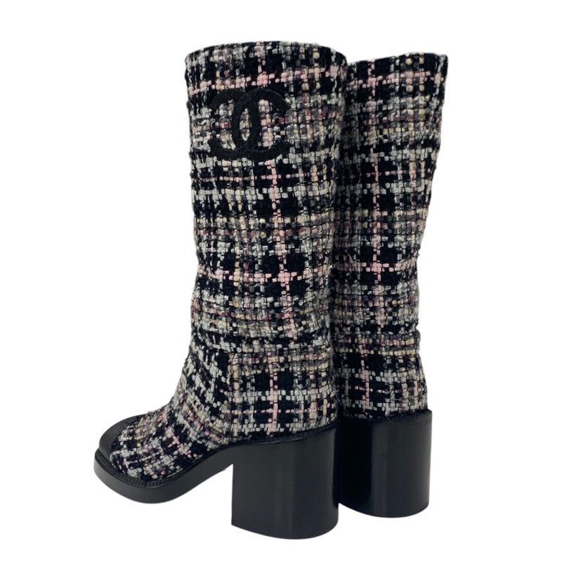 Chanel Boots Long Shoes Tweed Leather Black Multicolor Coco Mark — view 4
