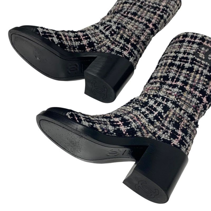 Chanel Boots Long Shoes Tweed Leather Black Multicolor Coco Mark — view 6