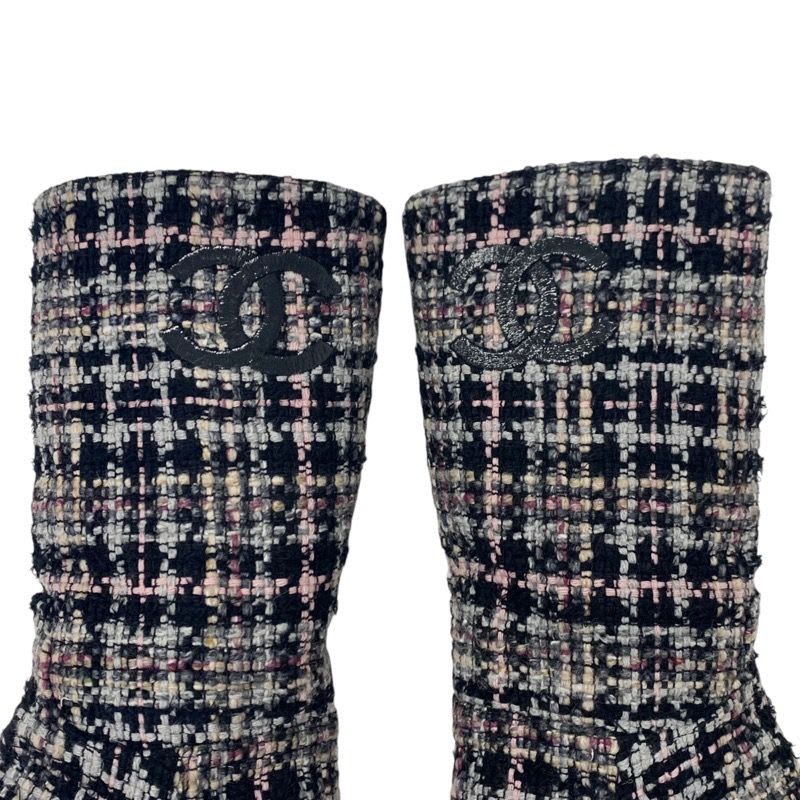 Chanel Boots Long Shoes Tweed Leather Black Multicolor Coco Mark — view 9