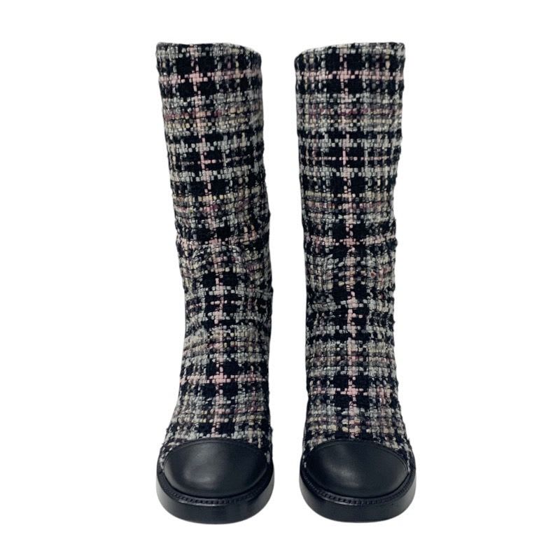 Chanel Boots Long Shoes Tweed Leather Black Multicolor Coco Mark — view 2
